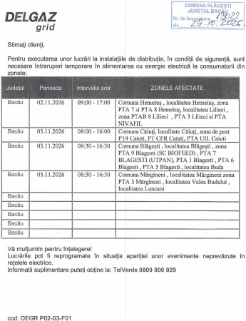 Anunț întrerupere Curent Electric în data de 03.11.2026